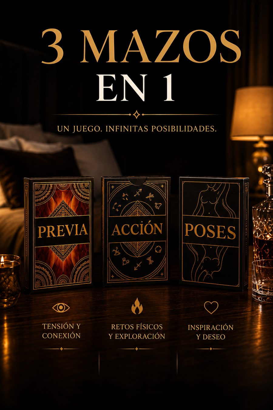 Noche Prohibida — 3 mazos: Previa, Acción y Poses